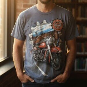 Vintage 1995 All Over Print Biker Motorcycle Graphic T-Shirt Blue Unisex